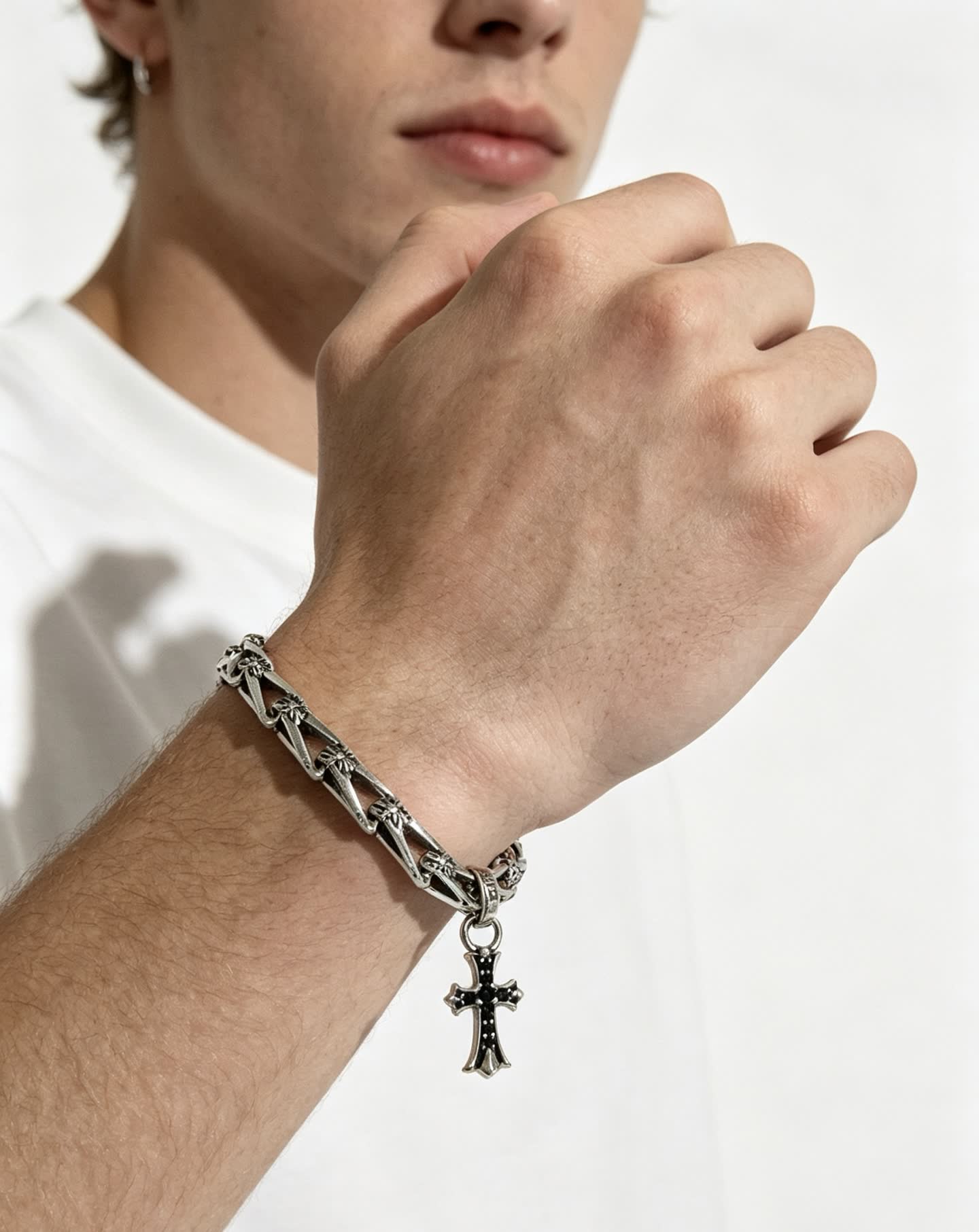 Chrome Hearts Silver Cross Charm Bracelet